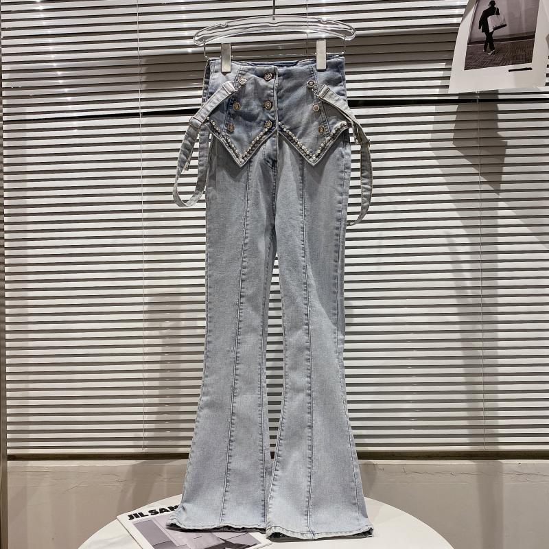 

Women Pears Nail Drill Strap Flare Jeans Solid Color High Waist Pants Button Fashion Spring Summer 11B030 210525, Light blue