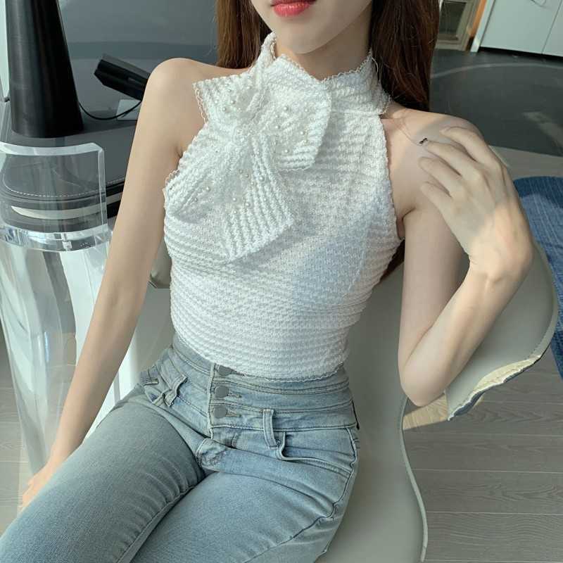 

Sweet Beading Bowknot White Lace Sleeveless Crop Top Women Stand Collar Slim Vest Summer 210526