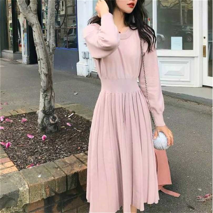 

Vintage French Sweater Dres Elegant Slim Lantern Sleeve Draped Knitted Female Korean Autumn 211110, Grey
