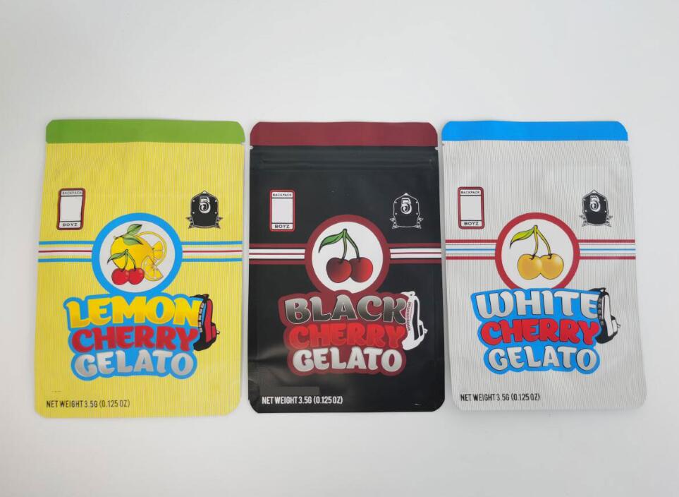 

0.125oz 3.5g Mylar Bags Lemon Cherry Packaging Gelato BACKPACK BOYZ White Black Edibles 420