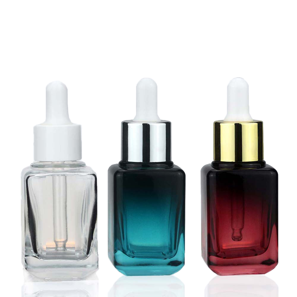 Garrafas de perfume de óleo essencial de vidro quadrado garrafa de olho de pipeta 30ml em gradiente azul vermelho e claro (logotipo uv impressão começar de 100 pcs)