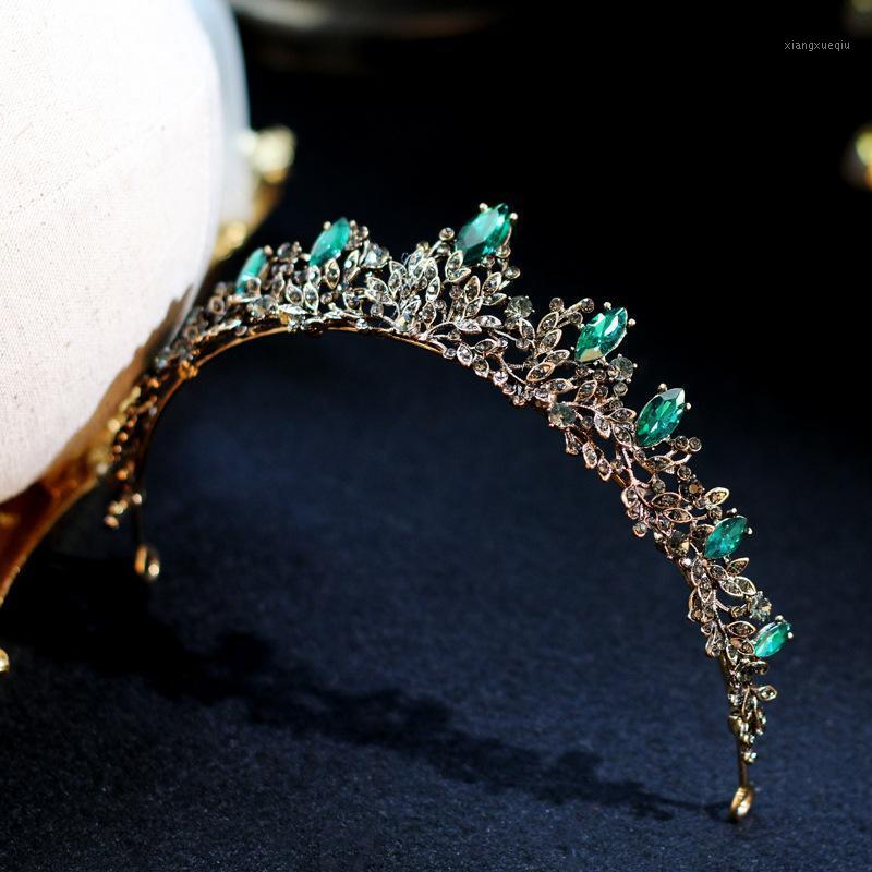 

Vintage Green Crystal Bridal Tiaras Crowns Baroque Pageant Prom Rhinestone Veil Tiara Headpiece Luxury Wedding Hair Accessories Clips & Barr, Golden;silver