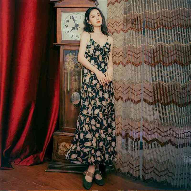 

Summer Chiffon Floral Print Long Dress Women V-neck Sleeveless Party Black Vestidos De Fiesta Maxi 210603, Blue