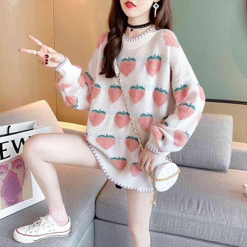 

winter printed peach jacquard sweater women loose outer wear autumn and winter cute base pullover long sleeve, White;black