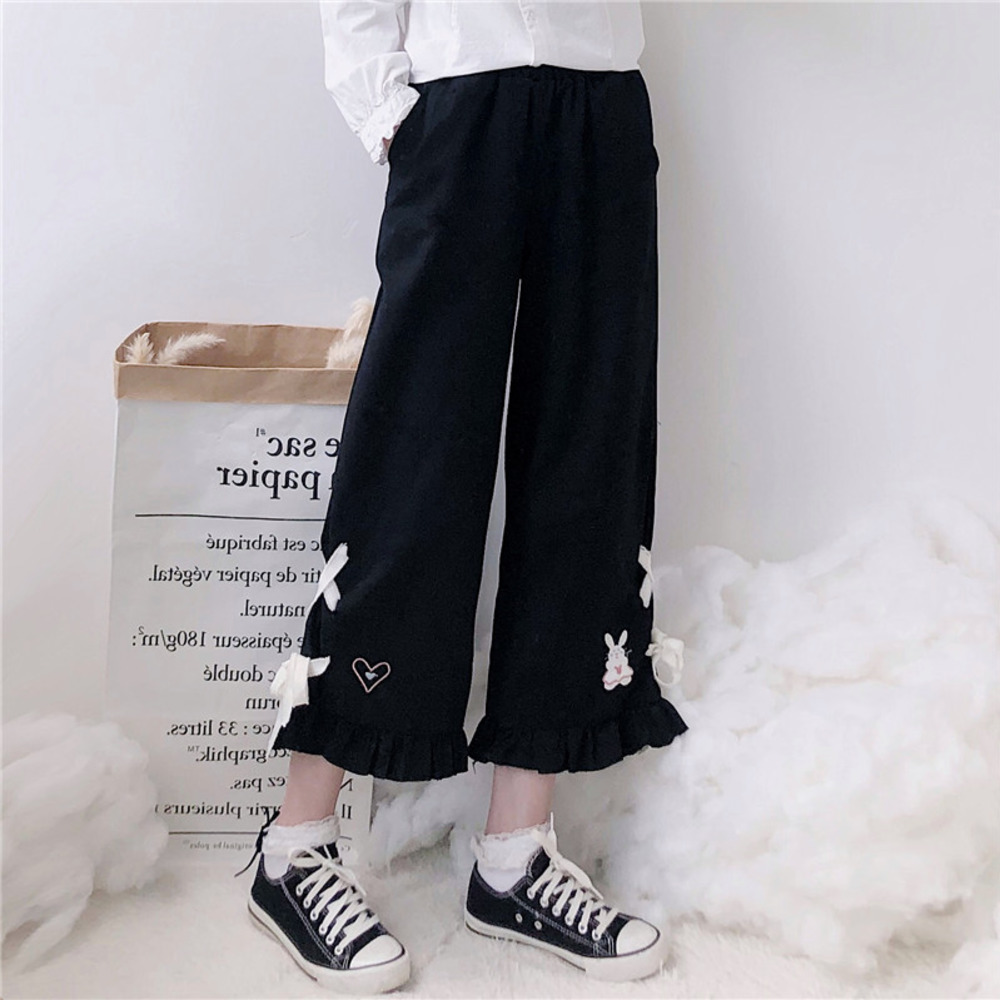 

Kawaii Lolits Sweet Style Women Pants 2020 Summer Cute High Waist Love Embroidery Mori Girl Trousers Drawstring Ruffles Female C0304, Black;white