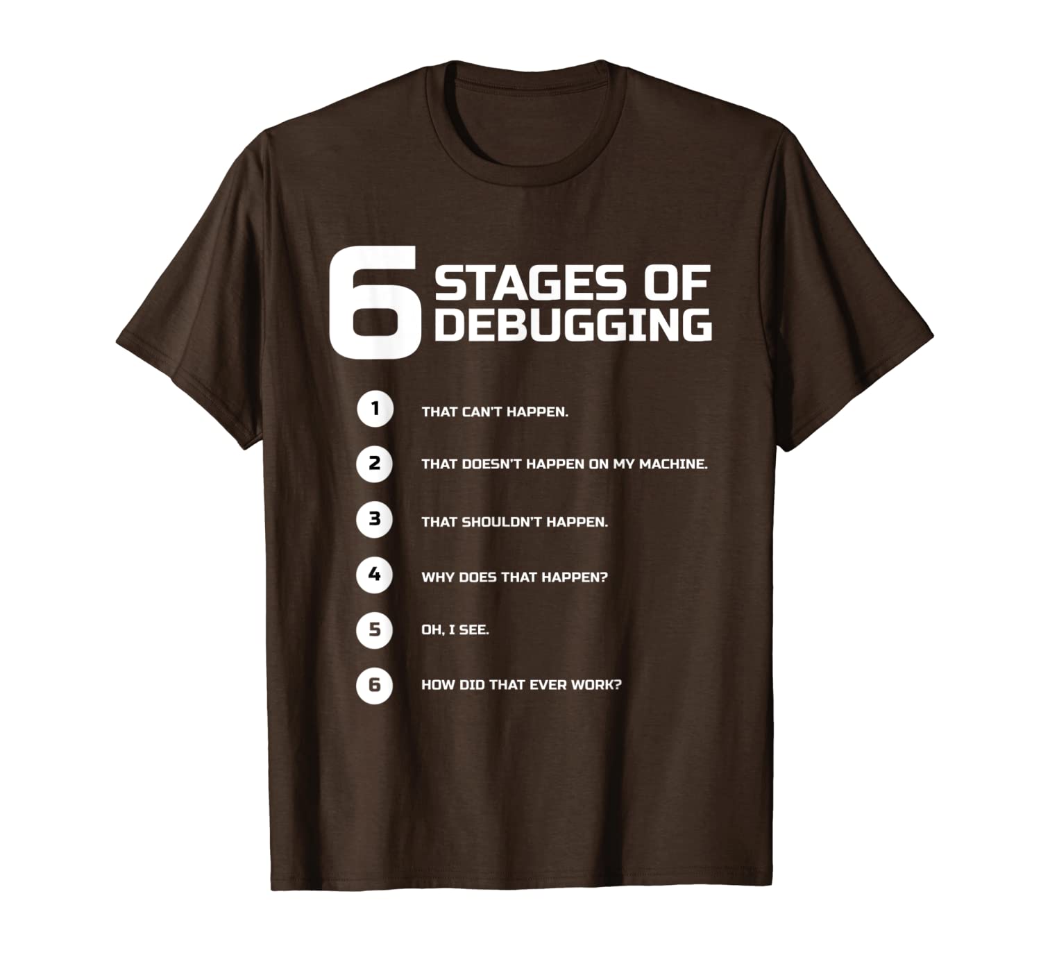 

6 stages of debugging t-shirt bug coding computer programmer, White;black