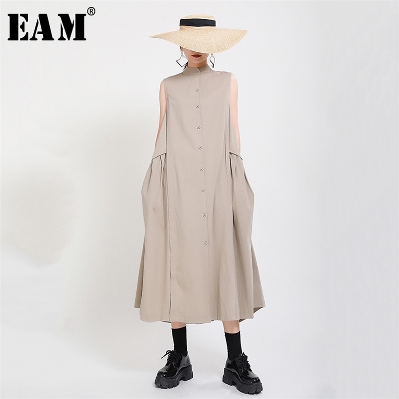 

[EAM] Women Khaki Split Pleated Long Dress Stand Collar Sleeveless Loose Fit Fashion Spring Summer 1Y353 210701, Black
