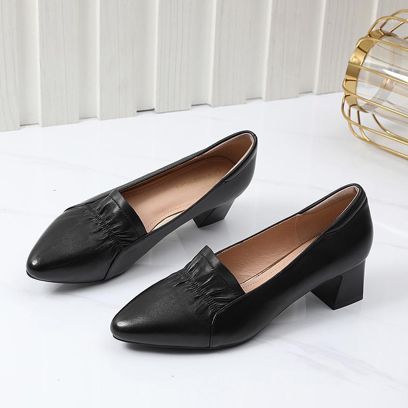 

Women Genuine Leather Shoes Lady Fashion Pointed Toe Thick Heels Slip On Pumps Female Office, Beige