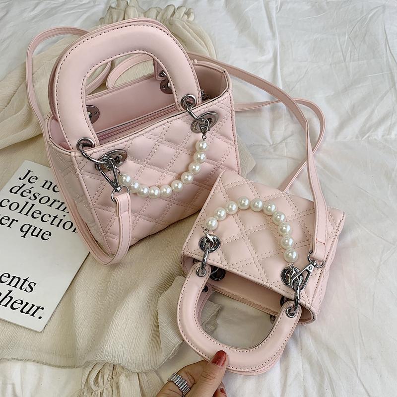 

Elegant Female Pearl Tote Bag 2021 Summer New High Quality Soft PU Leather Women's Designer Handbag Plaid Shoulder Messenger Bag, White large