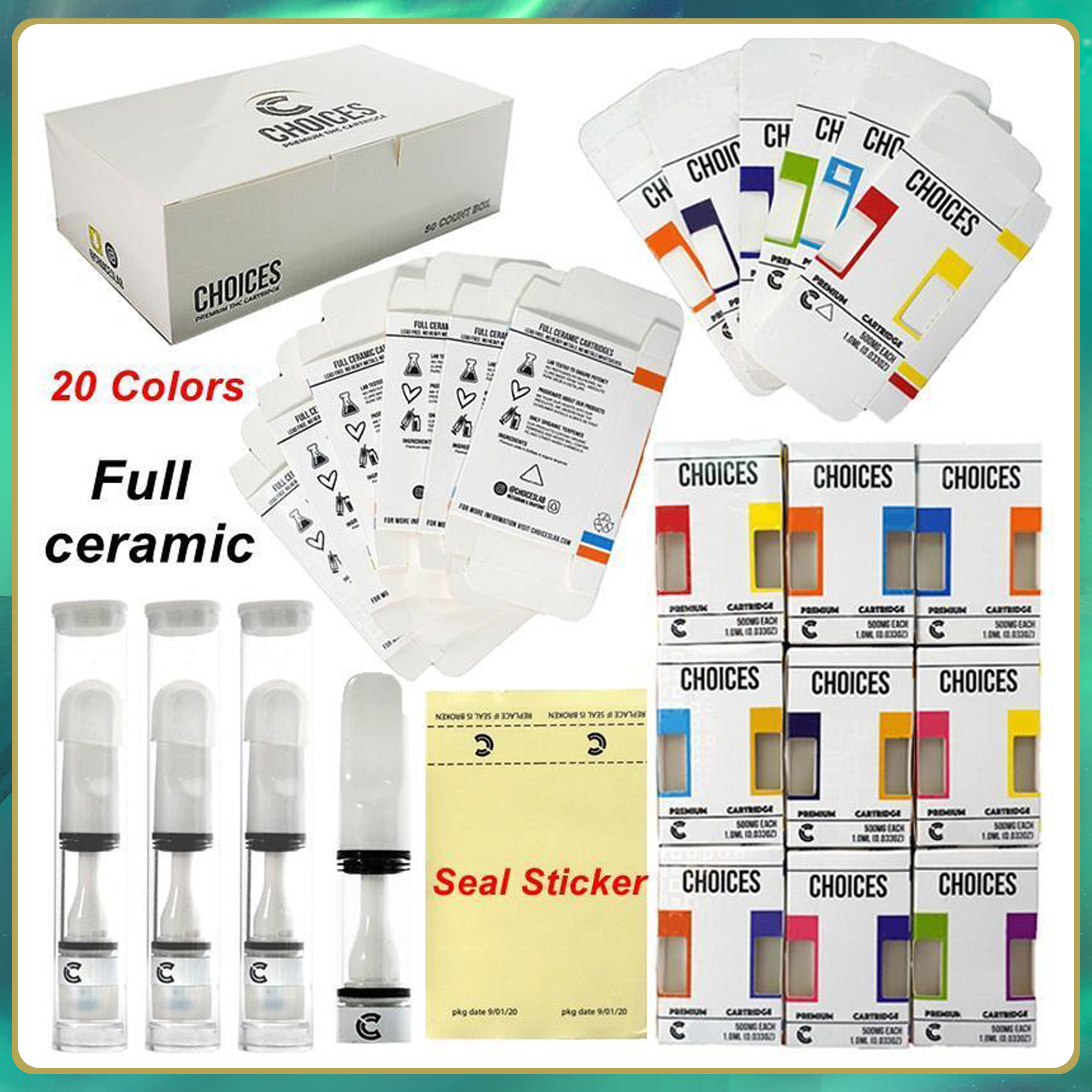 

Choices Vape Cartridges Atomizer Full Ceramic Cart 510 Thread 20 Colors 0.5ml Press On Seal Sticker Empty Oil Carts Hologram Packaging