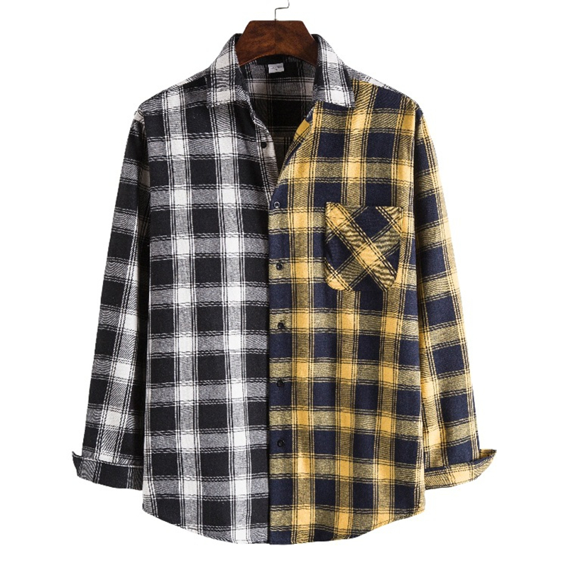 

2021 Koszula Black White Plaid Patchwork Vintage Men Long Sleeve Shirt Autumn Mens Oversized Flannel Shirts Man Chemise Homme Qqe8, C1609-1