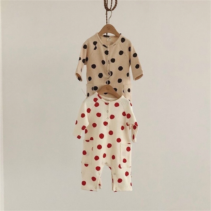 

Pure cotton dot big pocket long sleeve rompers for baby boys and girls little kids soft outwear infant kid clothes 210708, Coffee dot