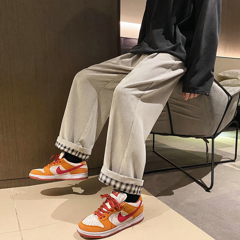 

2021 spring corduroy men's fashion retro plaid casual men streetwear hip-hop straight wide-leg pants mens trousers ttzh, Black