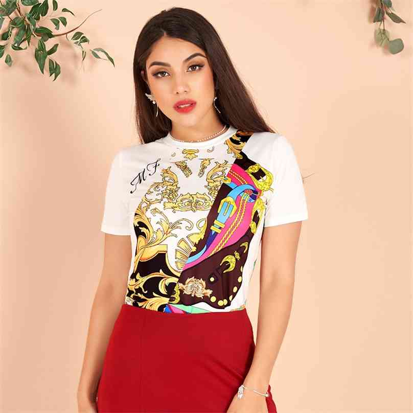 

Summer Ladies T-shirt White Personality Art Casual Palazoo Clorful Print Elastic Stretch Mid-length Women Short-sleeved Tops 210720