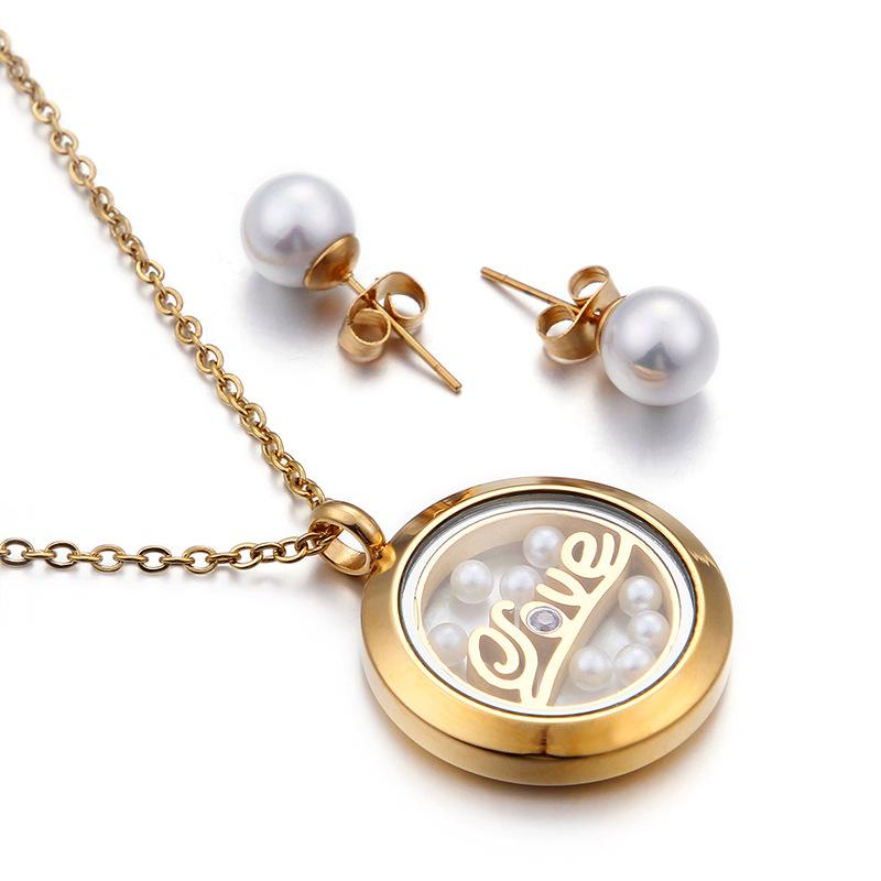 

Earrings & Necklace Fashion Stainless Steel Bridal Necklance And Jewelry Set For Bride Wedding Women Love Pendant, Silver