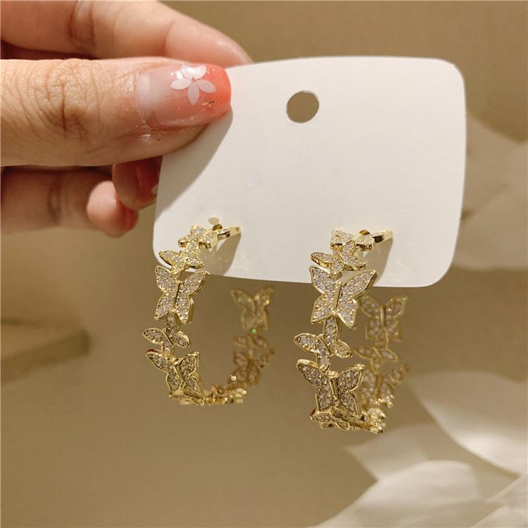 

Hoop & Huggie Korea Design Fashion Jewelry Zircon 14K Real Gold Plating Butterfly Semicircle Earrings Luxury Women's Wedding