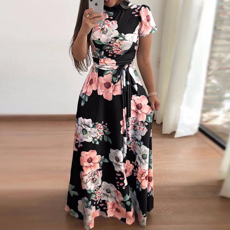 

Casual Dresses Women Summer Maxi Dress Short Sleeve Boho Floral Print Long Turtleneck Bandage Elegant Party Vestidos 2022, Short sleeve black