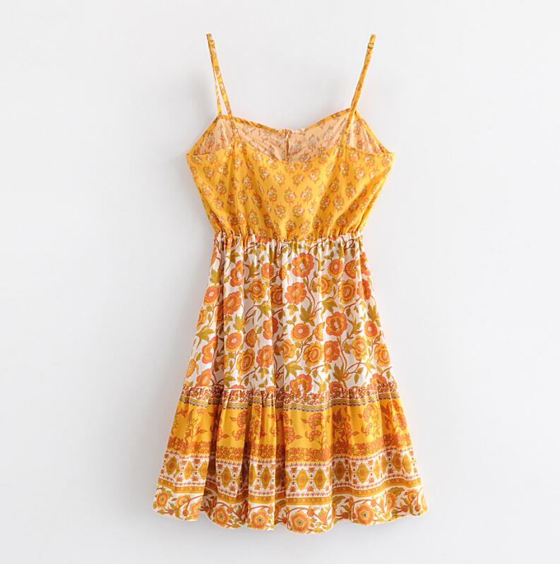 

New Bohemian Orange Yellow Floral Print Spaghetti Strap Dress Ethnic Woman Adjustable Lacing up Sling Dresses Beach, Red