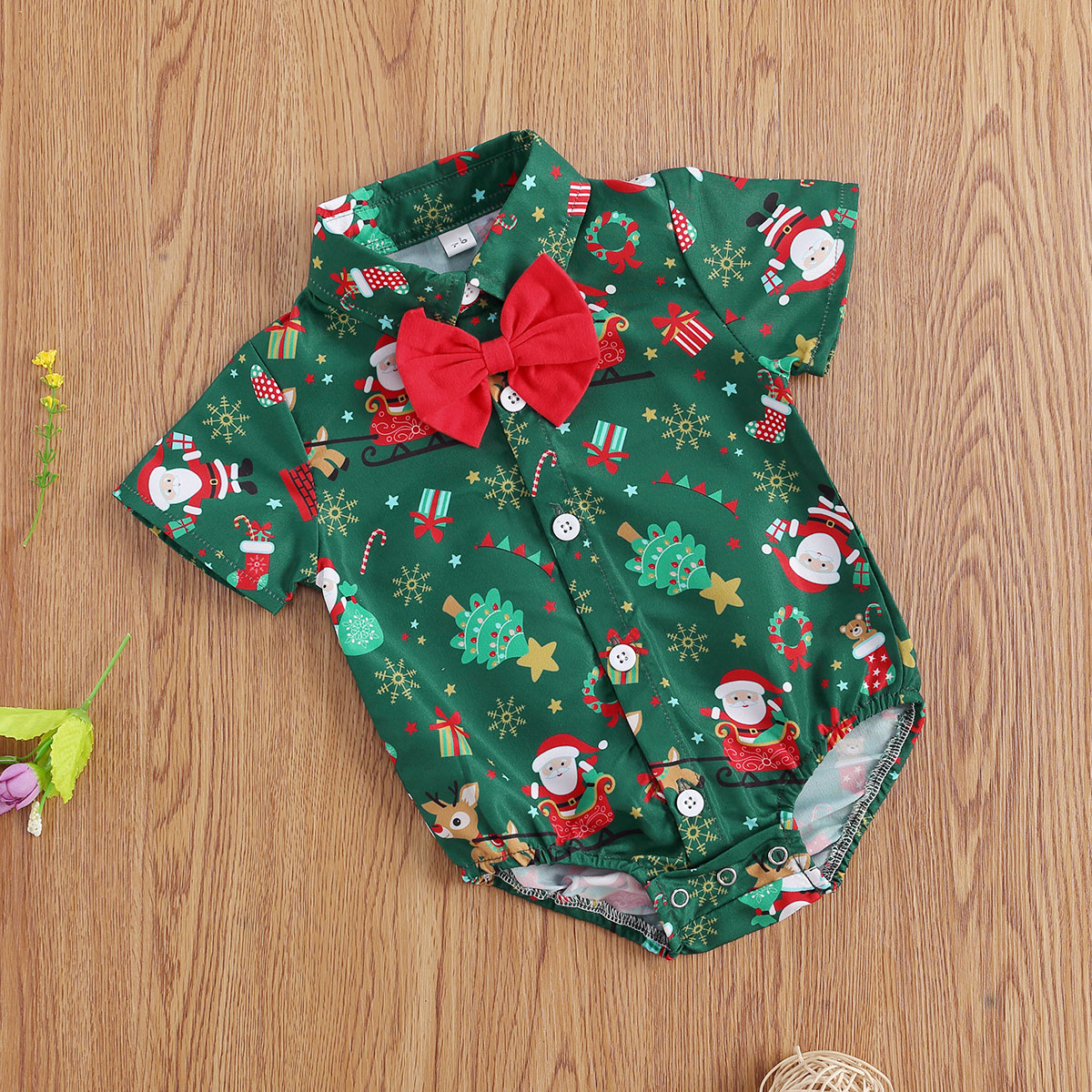 

0-24M Baby Boys Christmas Bodysuits Girls Santa Print Short Sleeve Party Jumpsuits Gentleman Bow Tie Romper, Green