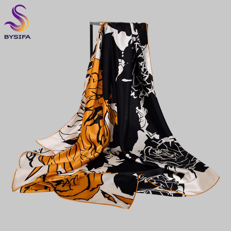 

Scarves BYSIFA|Women Black Yellow 100% Pure Silk Square Scarf Shawl 106*106cm Ladies Fall Winter Warm Accessories Hijabs