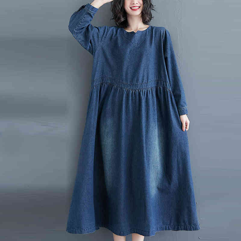 

Long Sleeve Denim Loose Spring Dress Casual Vintage Solid Color O-neck All-match Women Dresses, Black;gray