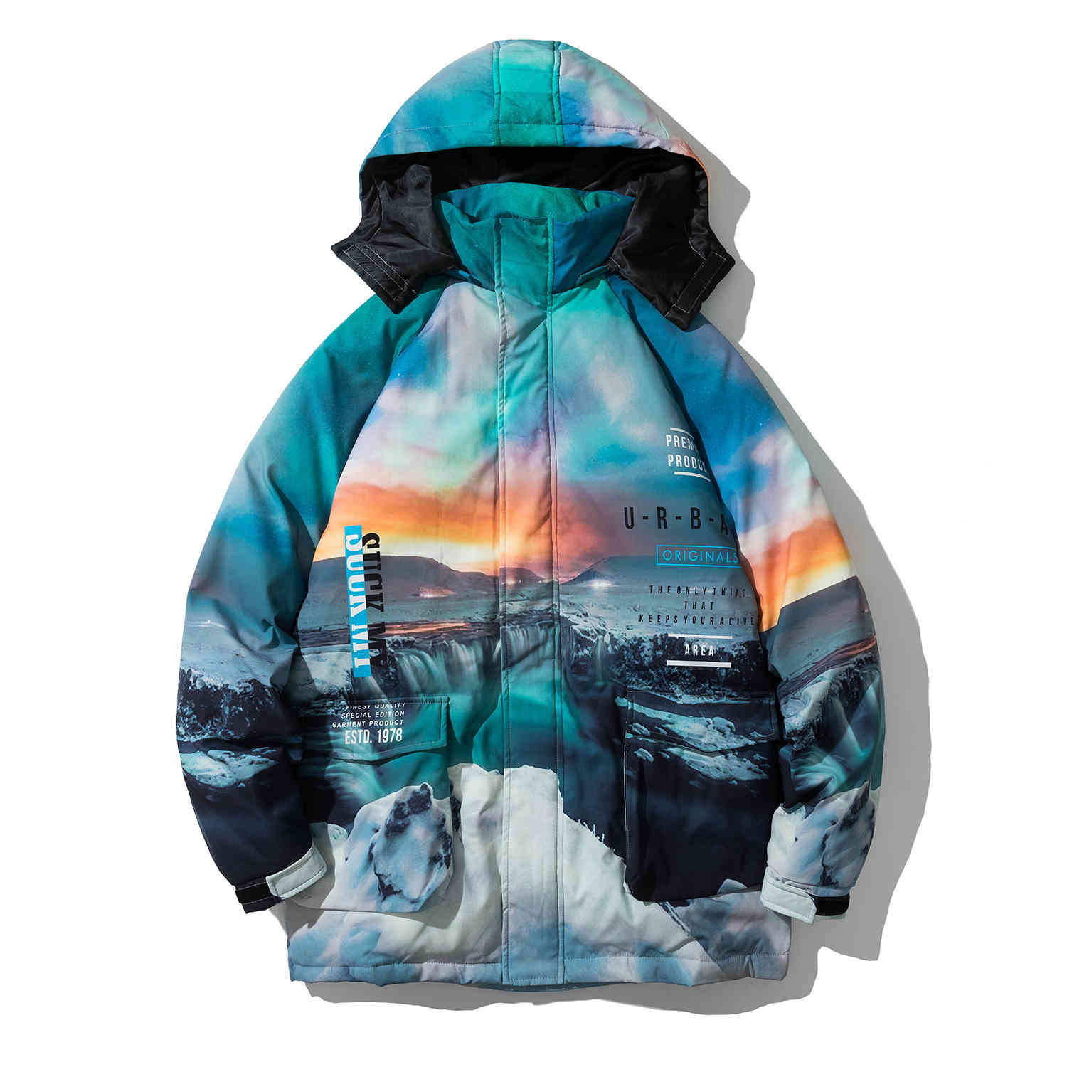 

2021 winter thickened tide brand 3D iceberg landscape printing hooded loose down jacket men' top, Yrf004