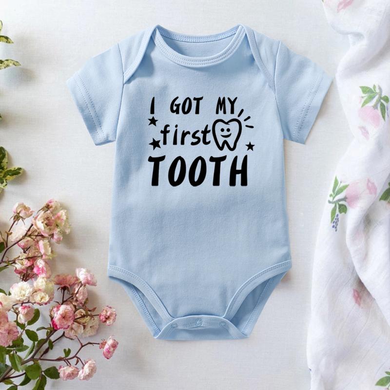 

Rompers I Got My First Tooth Print Funny Baby Bodysuit 100% Cotton Born Boys Girls Shower Gifts, Blank romper