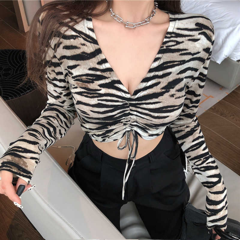

Korea Zebra pattern Sexy T Shirt Women's Long Sleeve Drawstring Summer Tops Short Autumn V Neck Grey Coffee Tshirt Women VR5P 210603