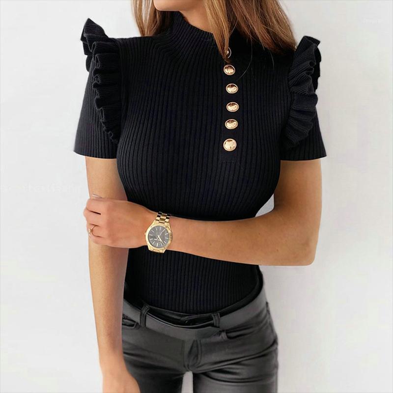 

Women' T-Shirt Clothes Knitted Ruffle Top Button Design Tee Sexy Women Slim Fit Black Short Sleeve Korean Version