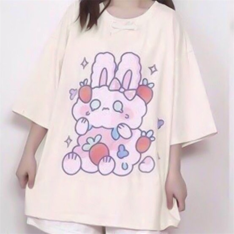 

QWEEK Kawaii Tshirt Women Fashion Cute Print ops Oversized Shirt Casual Loose Cotton Pink Graphic Shirts 210720