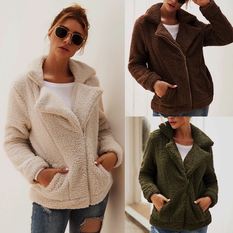 

2021 New Elegante Do Falso Das Mulheres Outono Inverno Quente Macio Zper Pele Feminino De Pelcia Casual Manga Longa Casaco Twht, Army green