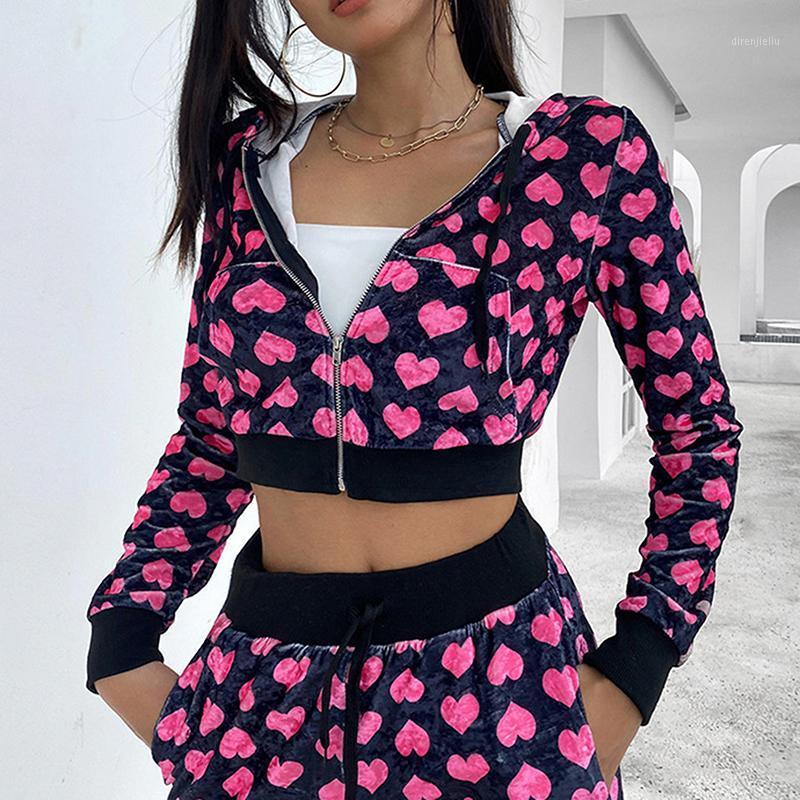 

Running Sets Love Printed Velvet Autumn Jacket 2 Pieces Set Y2K Women Leisure Wear Long Sleeve Hoodie Top + Lace-up Trousers Street Suit, Black;blue