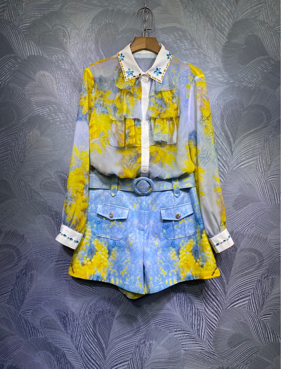 

Australia Spring High Quality Lapel Bead Printed Shirt + Shorts Set, As picture