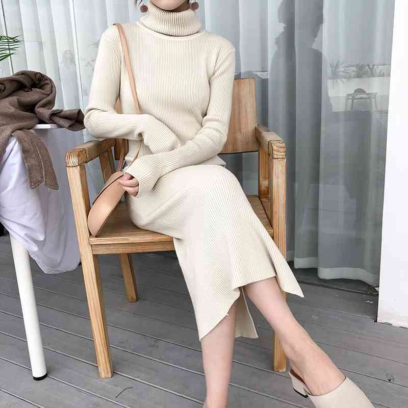 

Korean Style Sweater Dres Slim Long Sleeve Bodycon Knitted es Ladies Elegant Turtleneck Solid Midi Robe 210602, Caramel