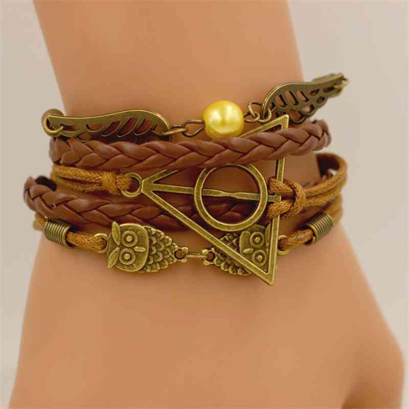

New wax rope alloy owl triangle Harry Potter angel wing Bracelet, Black