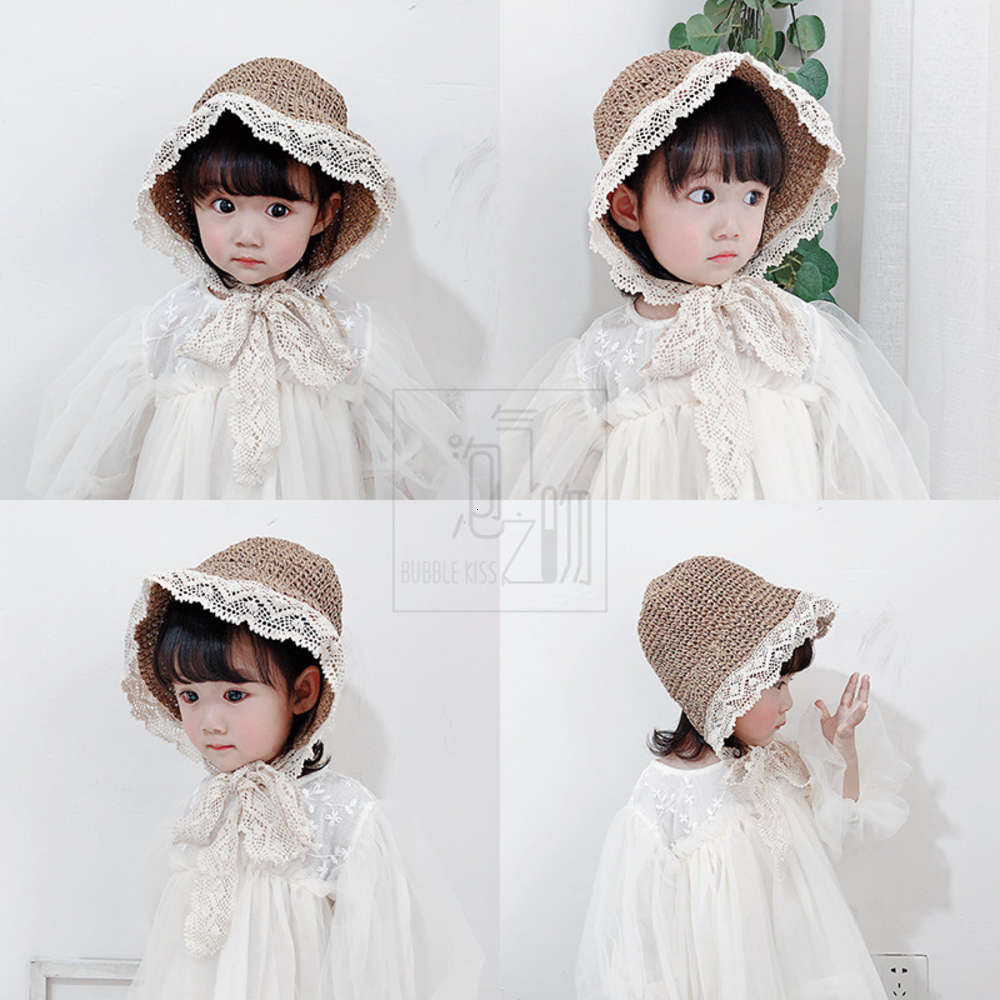 

Children's straw hat bow lace adjustable sun summer children's girl, Yellow