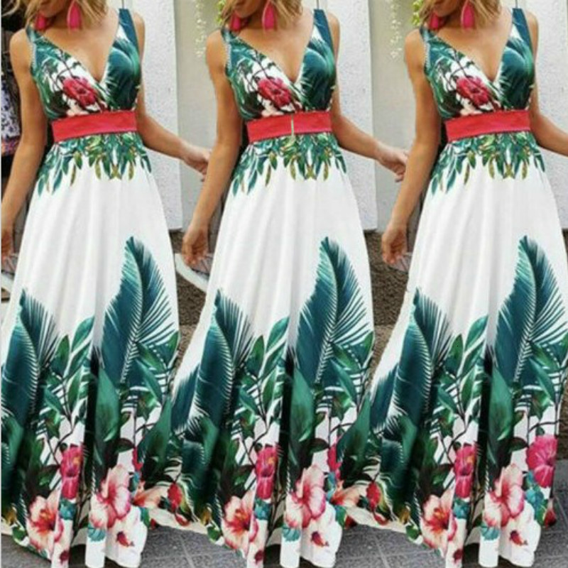 

2021 New Spring Summer Holiday Floral Boho Maxi Print Evening Party Sexy Sun Lady V-neck Empire Beach 9lho, Green