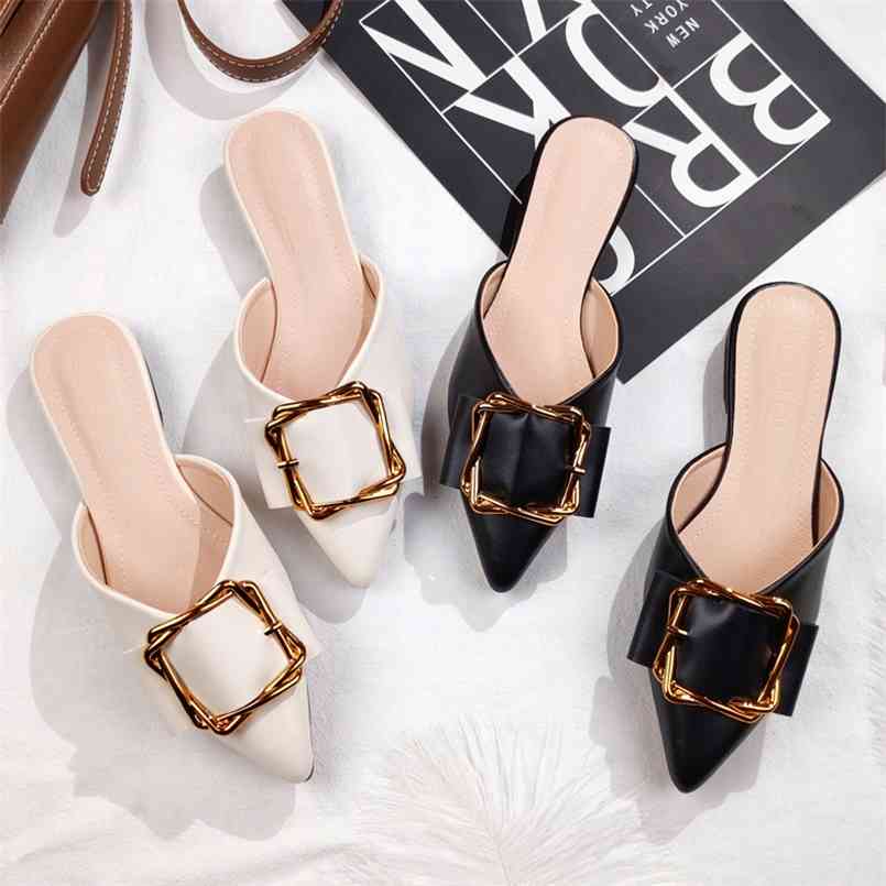 

faux leather women's pointed metal flats for spring and summer fashion trend designer slippers 210628, Black
