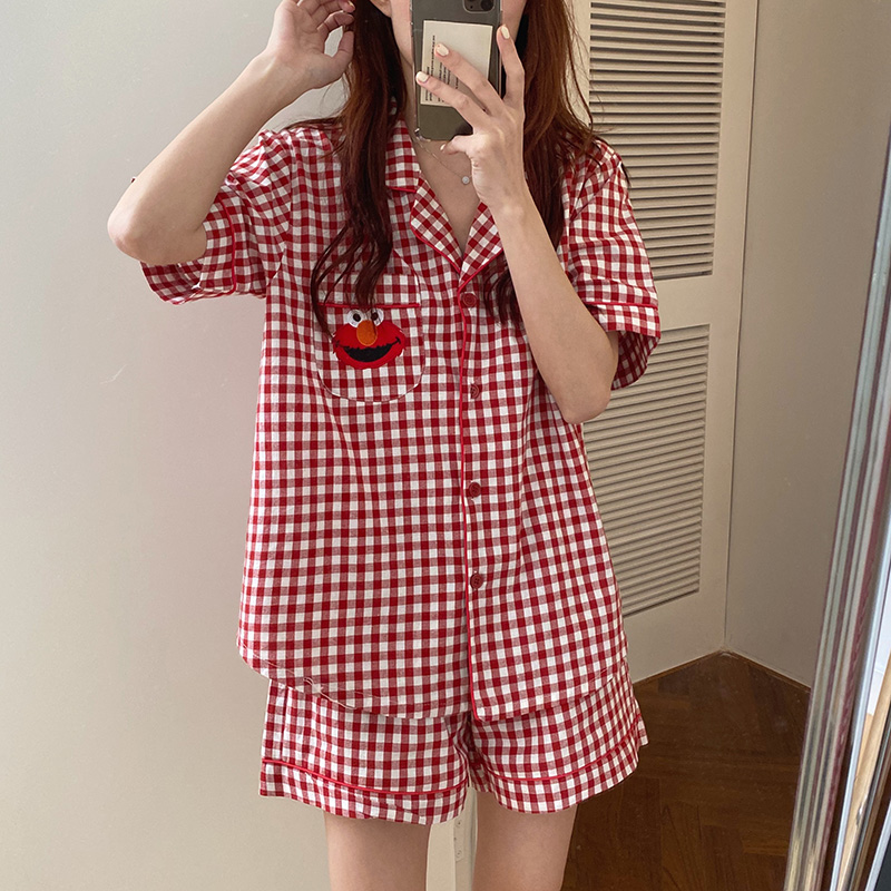 

Cute Cartoon Plaid Homewear Mujer Lapel Summer Sleepwear Sleeping Tops+Shorts Pijama Elegant Girl Lovely Outerwear Clothes S1008, Red