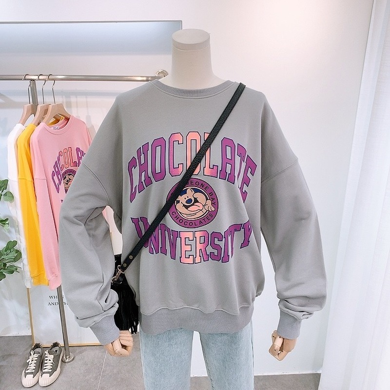 

2021 Cartoon Vintage Cotton Ocersized Letter Print Women Sweatshirts Kawaii Teens Girls Pullovers Autumn New Design Loose Casual Ycm1, Gray