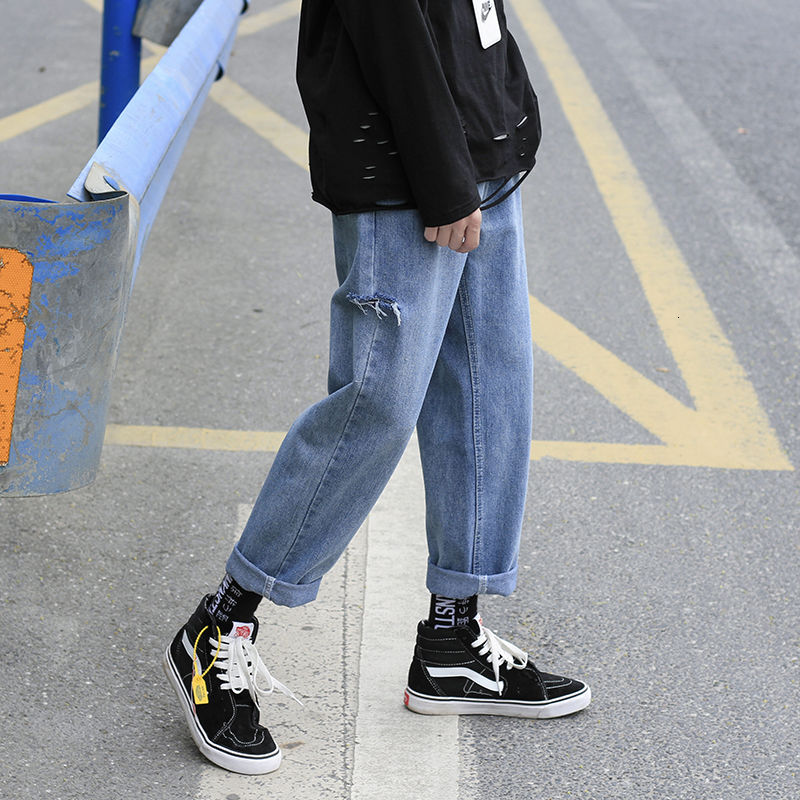 

2021 New Summer Men's Leisure Holes Baggy Homme Jeans Mens Loose Fashion Casual Straight Pants Blue Color Male Trousers Size S-3xl 1qq2, Baby blue