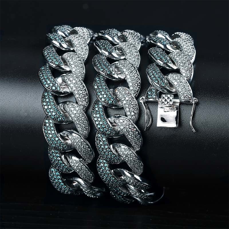 

GUCY New 18MM ICED OUT Flooded Mint Blue CZ Maimi Cuban Link Young Dolph Blue Cubic Zircon Hip Hop Jewelry Gift X0509
