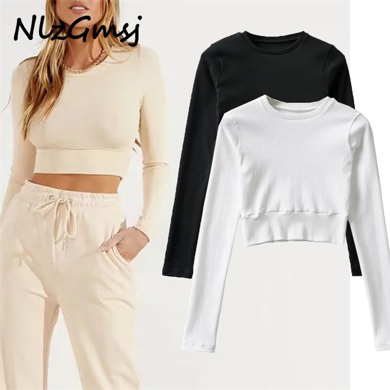 

T shirt Women Basic Strethy Crop Cotton Shirt Long Sleeve O Neck ees Ladies Casual ee Street Wear op 210628, As picture