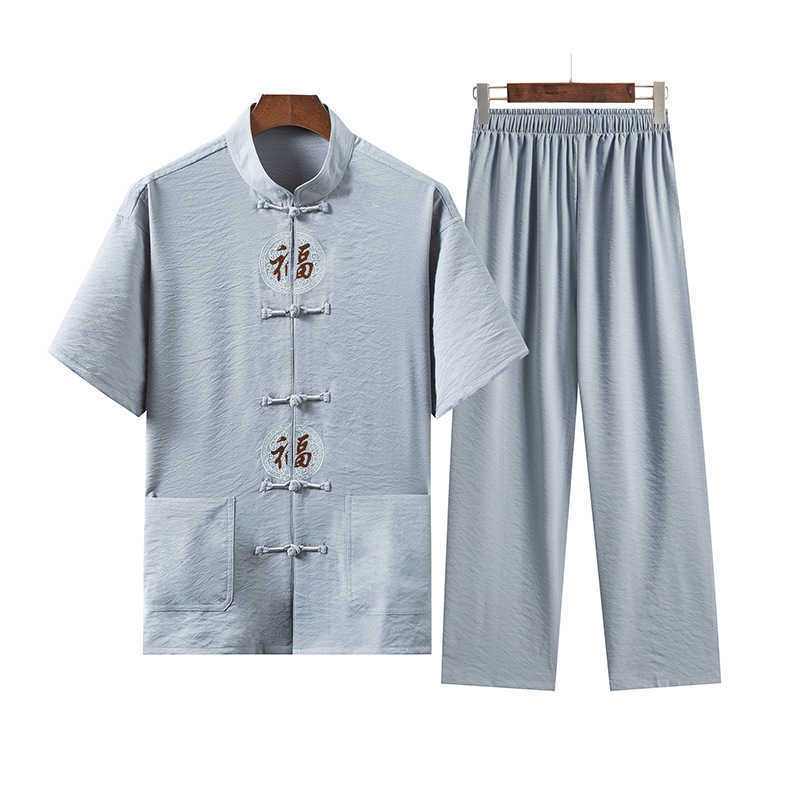 

Summer men's shirt leisure cotton linen embroidered short sleeve suit, Gray-green