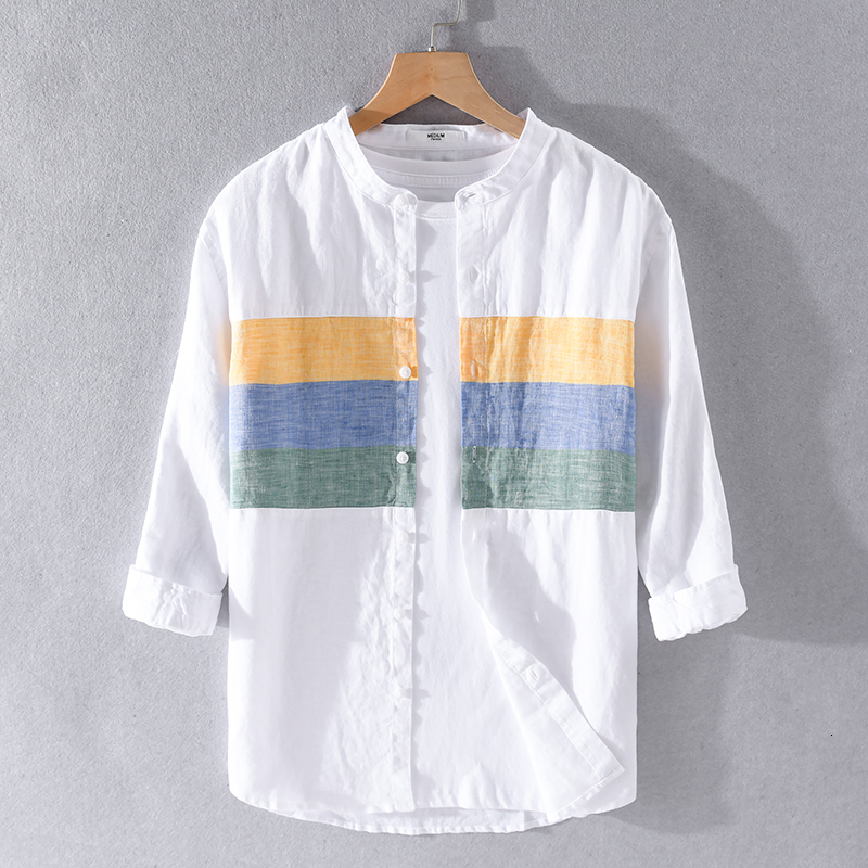 

2021 New Style Three-quarter Sleeve Stand Collar Brand Shirt Linen Summer Breathable Fashion Shirts for Men Chemise Camiseta 3vu1, Blue