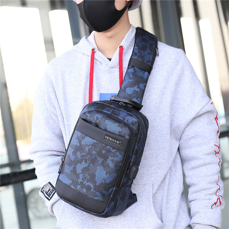 

Wholesale factory men leather shoulder bags waterproof wear-resistant outdoor leisure chest bag street fashion camouflage backpack Oxford printed backpacks, Blue