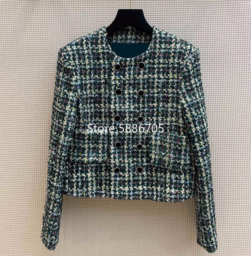 

Women's Wool & Blends 2021 Autumn High-end Vintage Green Plaid Tweed Jacket Women Woven O-neck Pockets Double Breasted Short Design Coat S39, Dark green