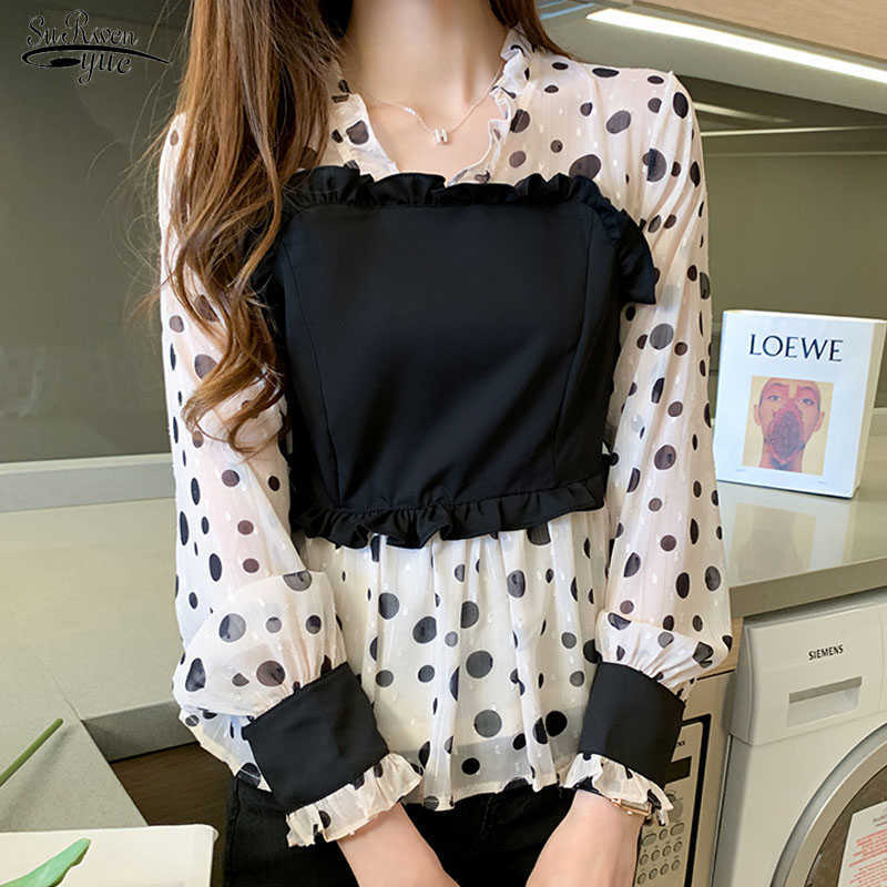 

V-Neck Woman Shirt Autumn Chiffon Blouse Women Long Sleeve Sweet Tops Lady Chic Polka Dot Blusas Chemisier Femme 10540 210527, Picture