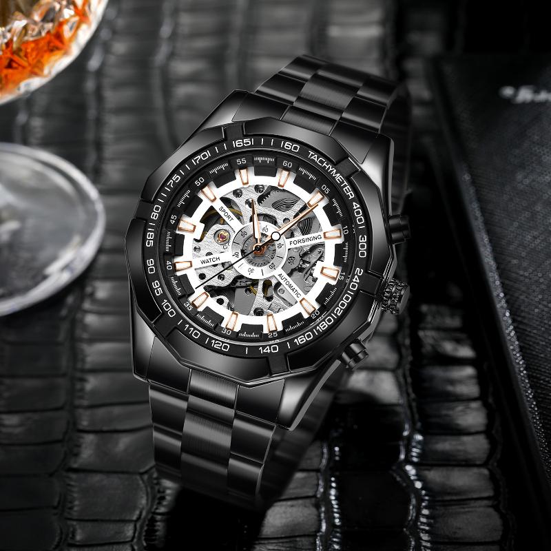 

Wristwatches Forsining Men's Plating Tungsten Steel Hollow Leisure Automatic Mechanical Watch Black Wrist Belt