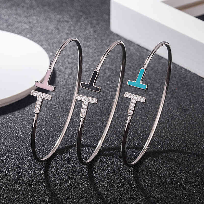 

Bangles Bracelet S925 Sterling Silver Diamond Inlaid Double t Multicolor Enamel Glue Dropping Versatile Fashion Net Red